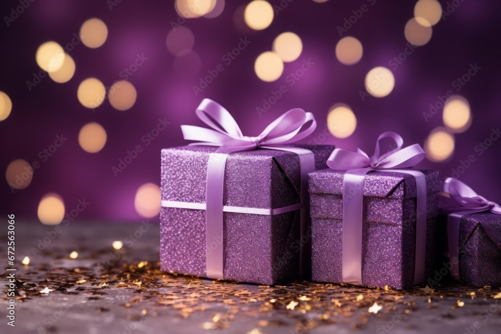 Close up of a purple gift with a bow for the New Year and Christmas. A boxed gift for a birthday or Valentine's Day. Blurred purple background. Golden confetti on the ground. Close up of a purple gift with a bow for the New Year and Christmas. A boxed gift for a birthday or Valentine's Day. Blurred purple background. Golden confetti on the ground.