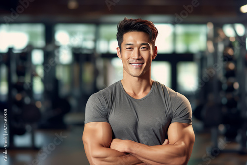 Muscular man posing in gym backdrop generative ai