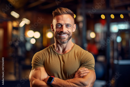 Muscular man posing in gym backdrop generativve ai