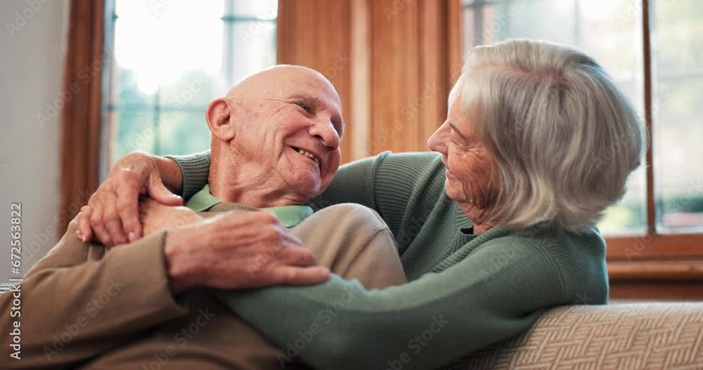 Senior couple, kiss and hug in home for love, care and together for romance, retirement or marriage. Elderly woman embrace man for loyalty, commitment or relax for trust, affection or support partner Senior couple, kiss and hug in home for love, care and together for romance, retirement or marriage. Elderly woman embrace man for loyalty, commitment or relax for trust, affection or support partner