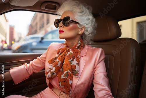 Side view portrait of an elegant successful middle-aged woman passenger sitting in a car © Sergio