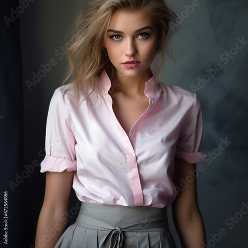 Beautiful young woman in a white shirt and pink skirt on grey wall background, ai technology
