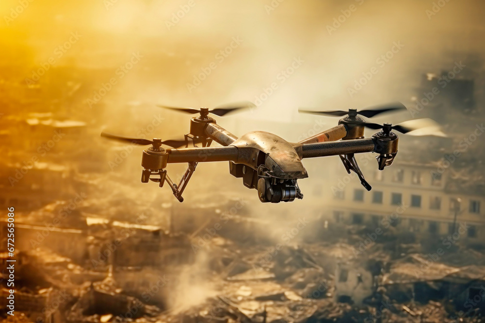 Military drone in flight observing positions. An unmanned aerial vehicle against the backdrop of a burning city. War. Reconnaissance and attack. Modern weapons.