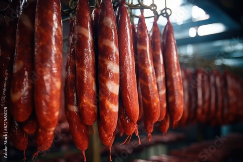 Photo of a variety of meats hanging on a line in a market or butcher shop. Industrial smoking of sausages and meat products. Farm sausage production.