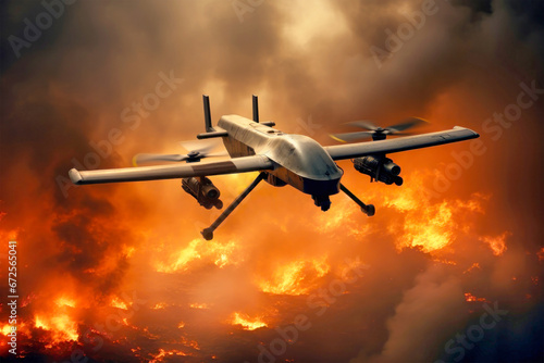 Military drone in flight observing positions. An unmanned aerial vehicle against the background of an explosion. War. Intelligence service. Modern weapons. © Anoo