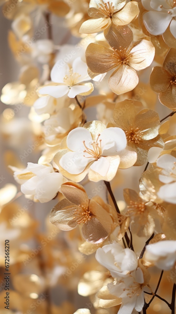 Golden and white artificial flowers on a tree branch for  decoration