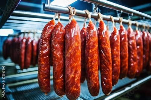 Photo of a display of hanging sausages in a market or butcher shop. Industrial line at a factory for smoking sausages and meat. Sausage hung in a smokehouse. flavorful sausages.