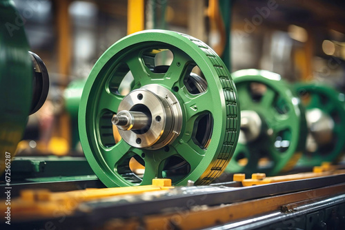 Photo of a detailed shot of a mechanical wheel on a moving conveyor belt. Modern metal processing at an industrial enterprise. Manufacturing of high-precision parts and mechanisms.