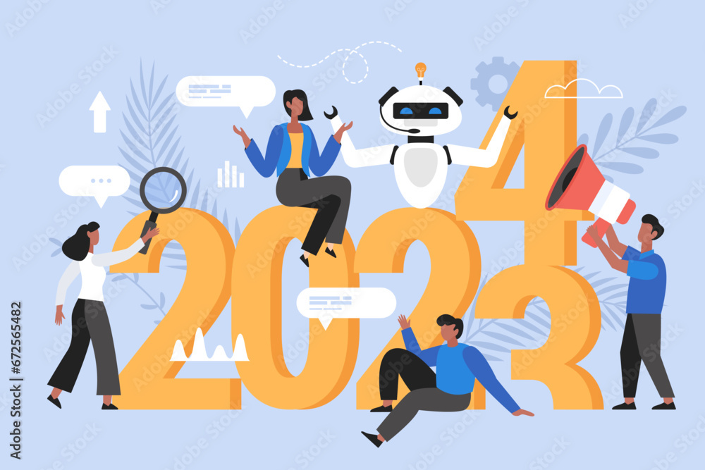 New Year 2024 trends, plans and growth business concept. Modern vector illustration of people analyzing trends and using AI technology New Year 2024 trends, plans and growth business concept. Modern vector illustration of people analyzing trends and using AI technology