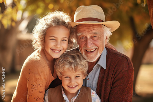 Meeting of grandfather and grandchildren. An elderly man and his grandchildren are happy together. They hug and rejoice at meeting each other. Caring for the elderly. Children visit old people. © Anoo