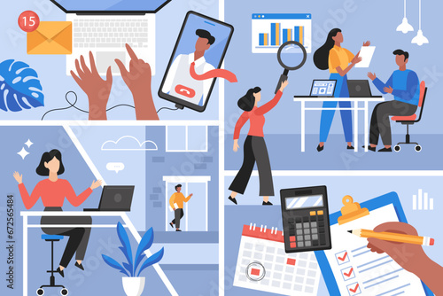 Hybrid working and return to office business concept. Modern vector illustration of people working at home and  in office workplace