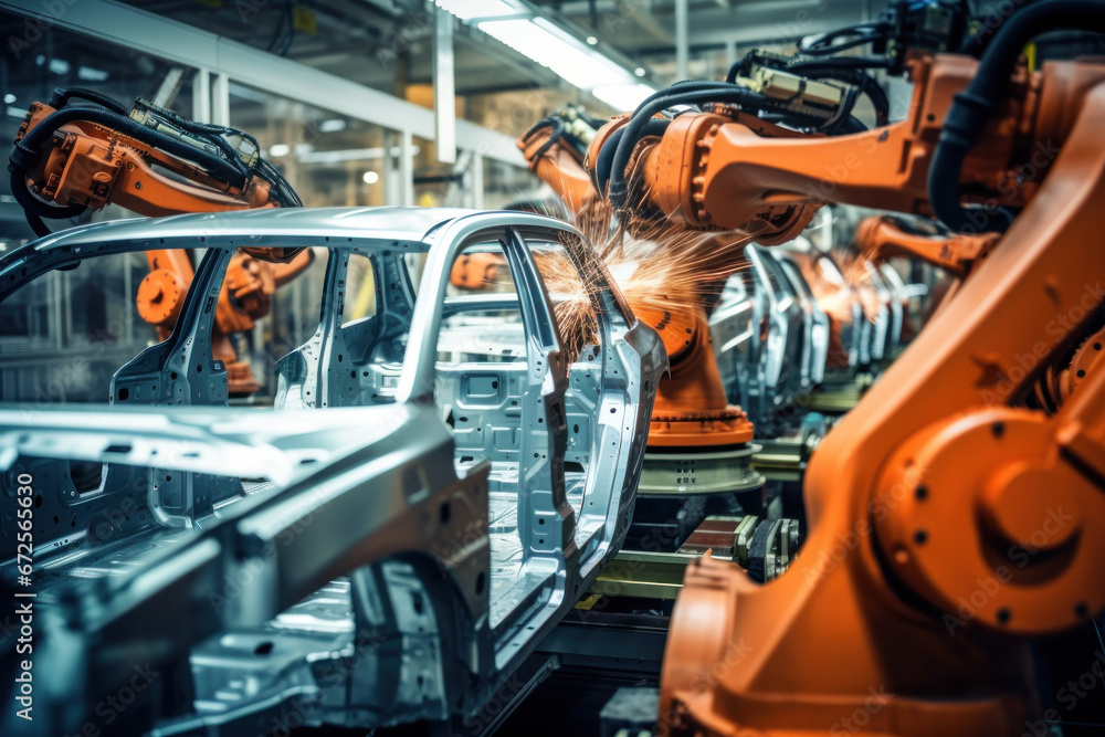Automobile production line. Welding car body. Modern car assembly plant. Auto industry. Interior of a high-tech factory, modern production. Automobile production line. Welding car body. Modern car assembly plant. Auto industry. Interior of a high-tech factory, modern production.