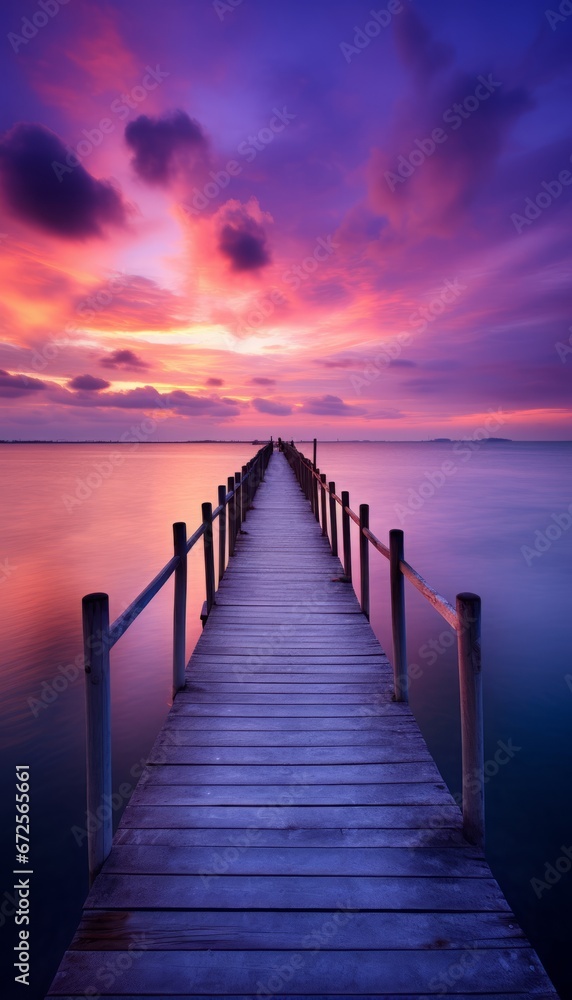 Beautiful sunset over a wooden pier on the ocean