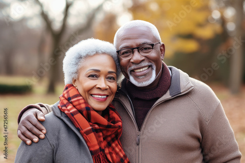An elderly dark-skinned couple  a man and a woman  hugging in an autumn park. They look at each other with a loving gaze. Seniors dating. Relationships in old age. Love and romance.