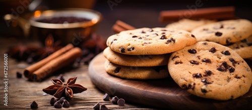 On a rustic table backdrop there are cocoa infused chocolate chip cookies made from scratch The picture has a softened tone with a focus on the cookies