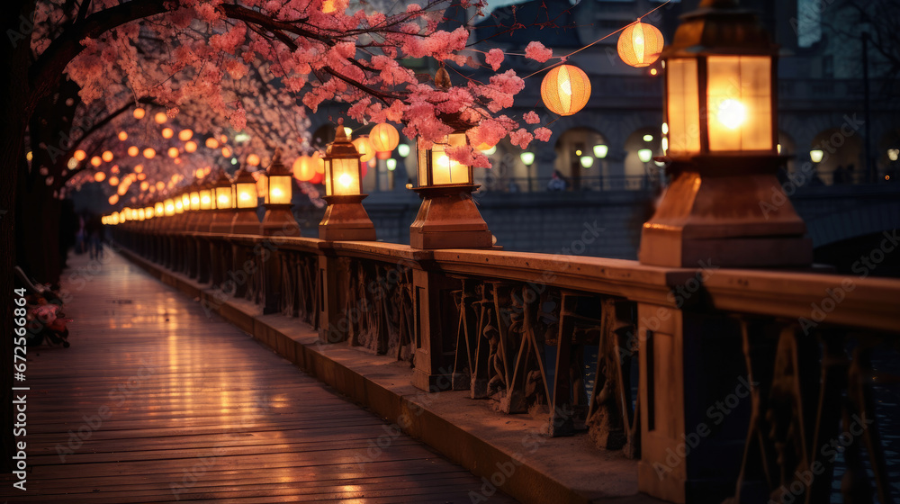Romantic City Bridge Lined With Spring Lanterns Dream, Background Image, Hd