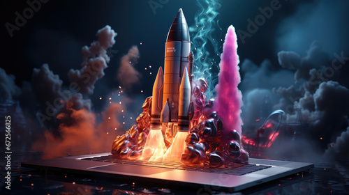 Rocket Coming Out Of Pc Monitor Screen Startup, Background Image, Hd