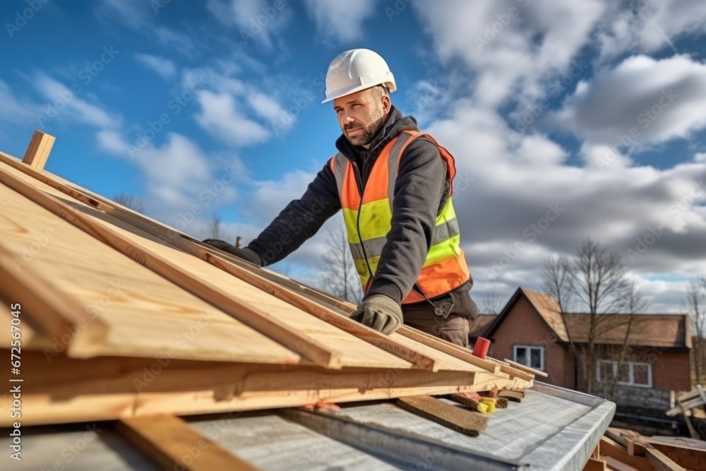 Caucasian mature man in hardhat is working on the construction of a wooden frame house. Male roofer is in the process of strengthening the wooden structures of the roof of a house. Caucasian mature man in hardhat is working on the construction of a wooden frame house. Male roofer is in the process of strengthening the wooden structures of the roof of a house.