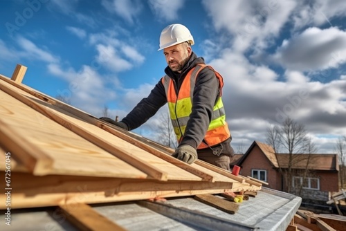 Caucasian mature man in hardhat is working on the construction of a wooden frame house. Male roofer is in the process of strengthening the wooden structures of the roof of a house.