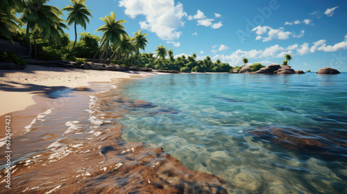 Sandy Tropical Beach With Island On Background Sunny, Background Image, Hd