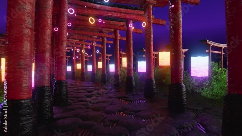 Neon-lit red torii gates at night, glowing lanterns. 3d loop animation.