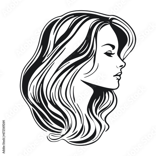 Silhouette of a woman with long flowing hair  with isolated background.