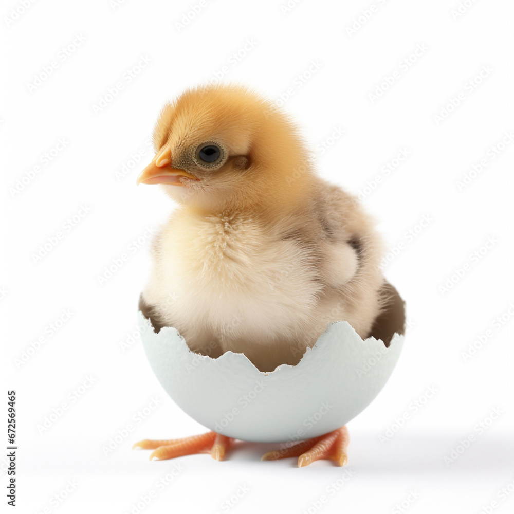 Little chicken with eggshell isolated on white, ai technology