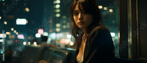 A Businesswoman Girl Sits In A Cafe In The Night City. Illustration On The Topic Of Cinema And Serials. Generative AI