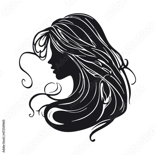 Silhouette of a woman with long flowing hair, with isolated background.