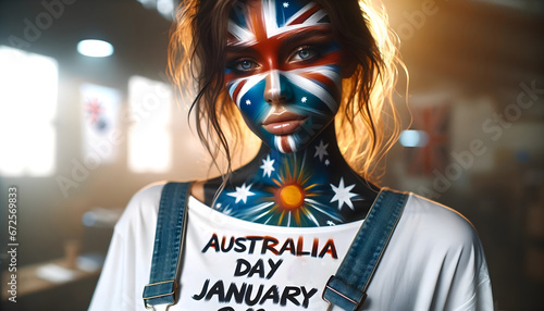 Beautiful woman with painted Australian flag over her face for Australia day 26. January, background photo
