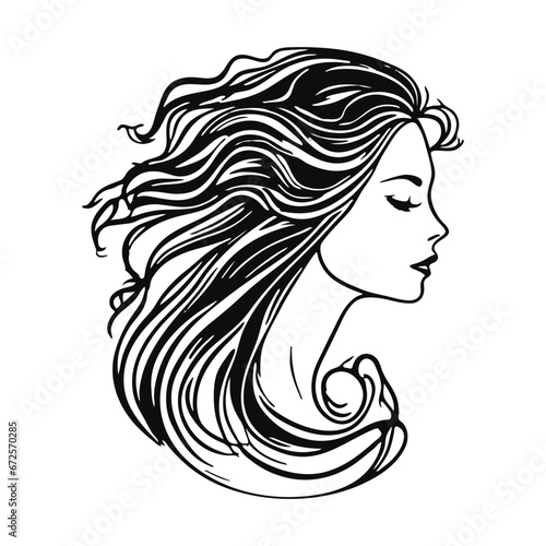 Silhouette of a woman with long flowing hair, with isolated background.