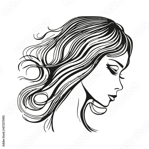 Silhouette of a woman with long flowing hair  with isolated background.