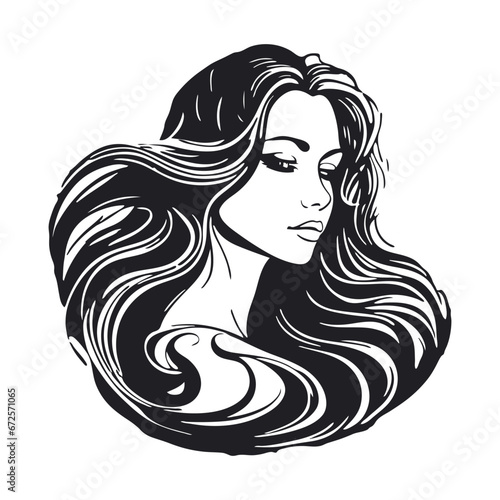 Silhouette of a woman with long flowing hair, with isolated background.