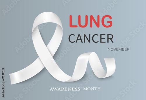 Lung cancer awareness vector illustration with a white ribbon isolated on a gray background. Realistic vector white silk ribbon with loop.