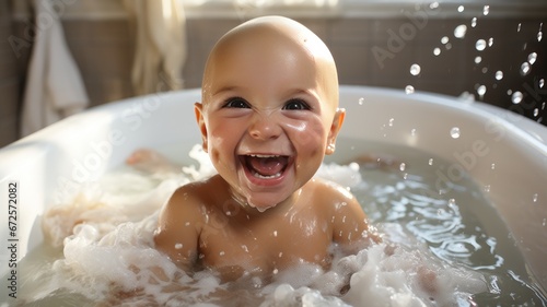 Happy baby enjoys bathing in a bathroom.