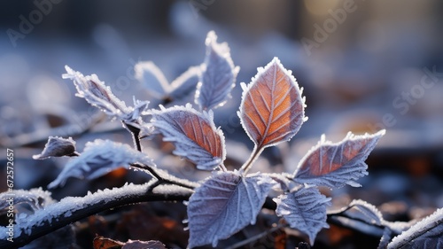 A close-up of a frost-covered leaf on a bare tree branch.