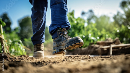 Sand-colored old farm male boots on garden soil. Man run in garden on lawn with grass breaking through ground. Preparing for spring sowing season. Autumn. Farmer. Worker in safety shoes. photo