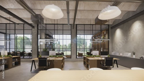 Interior Empty Modern Loft Office open space modern office footage.Modern open concept Lobby and reception area meeting room design.3d Rendering  interior walk through.
