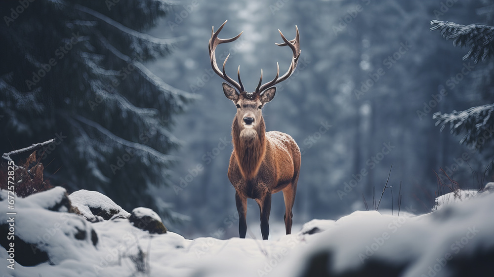Noble Deer captured in the forest in winter. Generative AI Noble Deer captured in the forest in winter. Generative AI