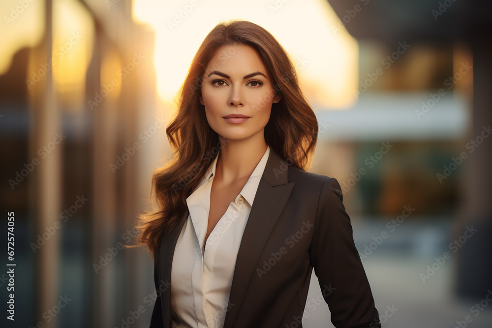 An elegant businesswoman standing in front of an office building An elegant businesswoman standing in front of an office building