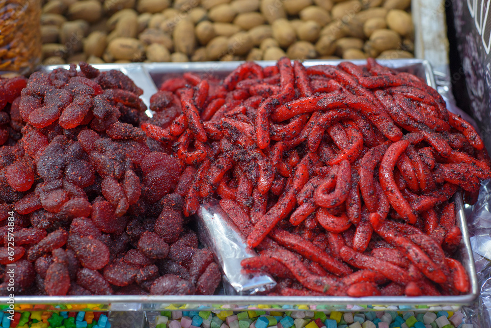 Sweet gummies with chili in a street market in mexico. Close up.