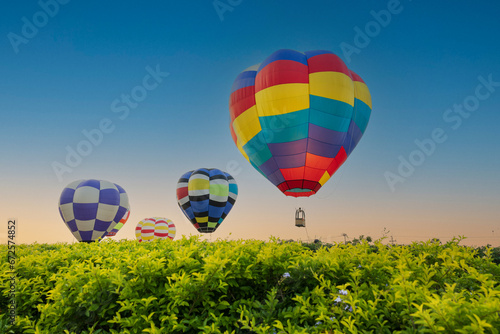 Colorful hot air balloons flying over green tree on blue sky background  in nation park.