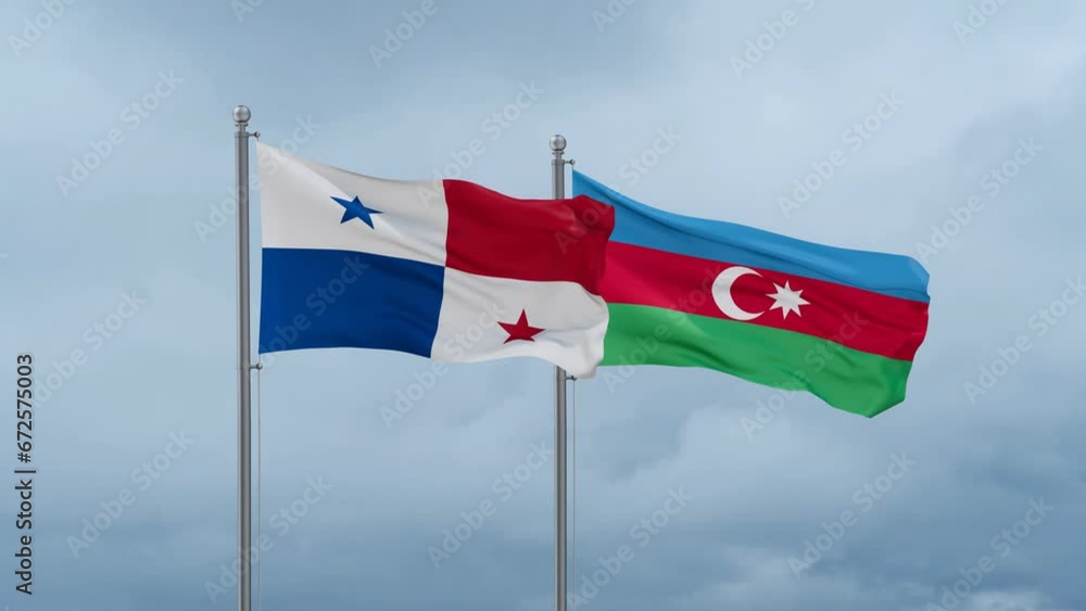 Azerbaijan and Panama flag waving together on cloudy sky, endless seamless loop, two country cooperation concept Azerbaijan and Panama flag waving together on cloudy sky, endless seamless loop, two country cooperation concept
