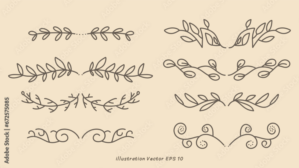 Floral ornamental doodle dividers, vintage hand drawn tribal arrow and calligraphic deco border vector set isolated on cream color  background. Vector Illustration EPS 10 - obrazy, fototapety, plakaty 