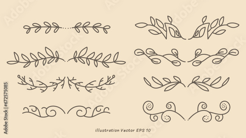 Floral ornamental doodle dividers, vintage hand drawn tribal arrow and calligraphic deco border vector set isolated on cream color  background. Vector Illustration EPS 10