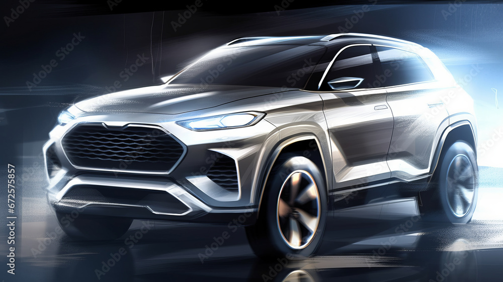 A chinese EV SUV sketch render, features clean front facial and silver body color ,generative ai A chinese EV SUV sketch render, features clean front facial and silver body color ,generative ai