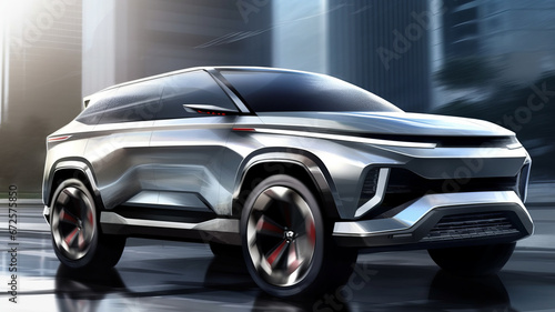 A chinese EV SUV sketch render, features clean front facial and silver body color ,generative ai © Krisana
