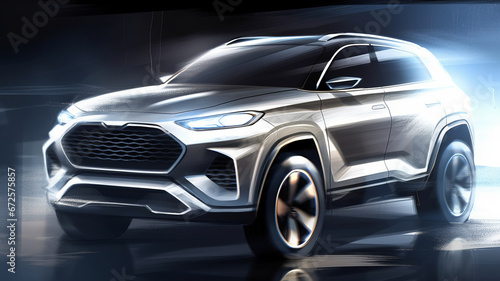 A chinese EV SUV sketch render, features clean front facial and silver body color ,generative ai