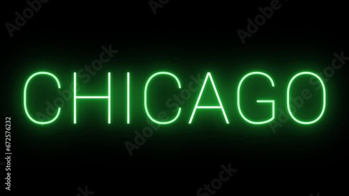 Flickering neon green glowing chicago sign animated black background. photo