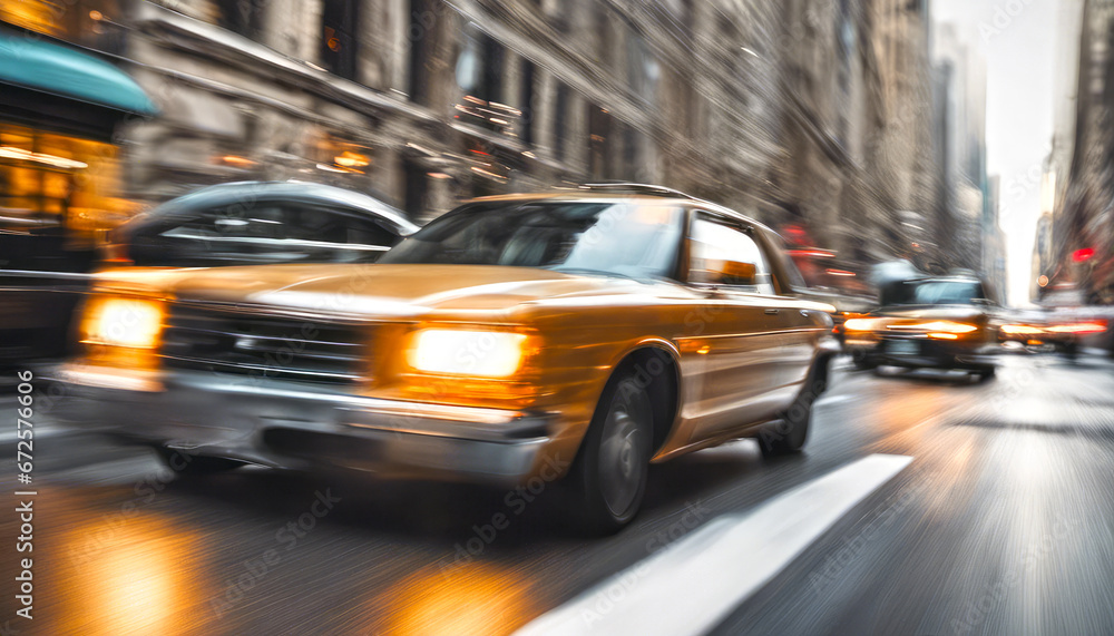 Automobiles racing by with a smudged effect. A vibrant urban landscape in the core of Manhattan.